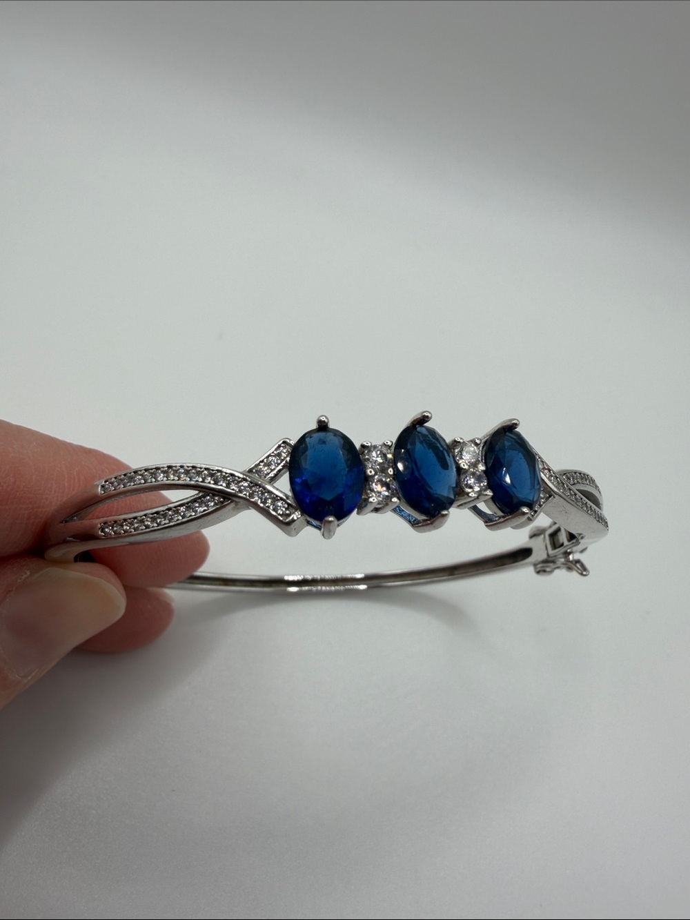 Sterling Silver 925 Bracelet with Three Blue Oval Stones